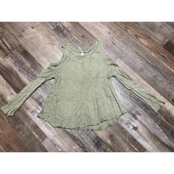 Lazy Sundays military green waffle knit cold shoulder sweater - Picture 1 of 3